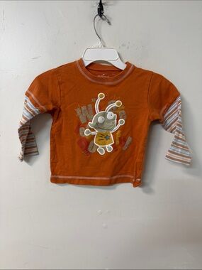 Hallmark Orange Long-Sleeve Alien Layered Tee with Striped Sleeves Y2K